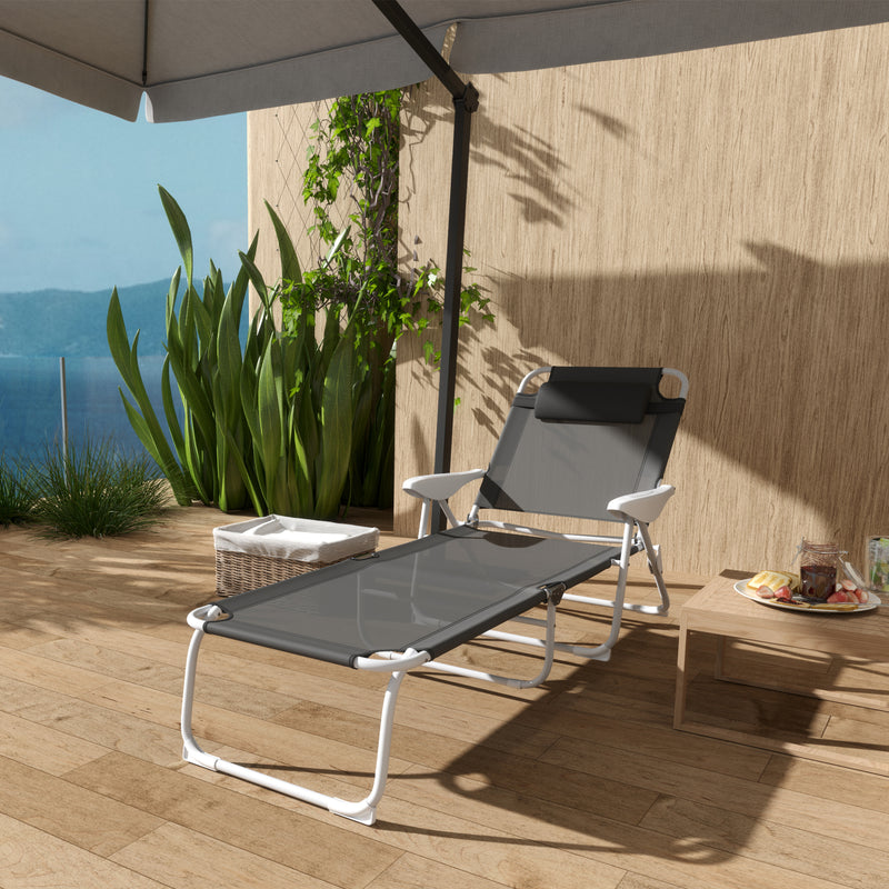 Outsunny Folding Sun Lounger with 4-Level Backrest & Headrest, Charcoal Grey