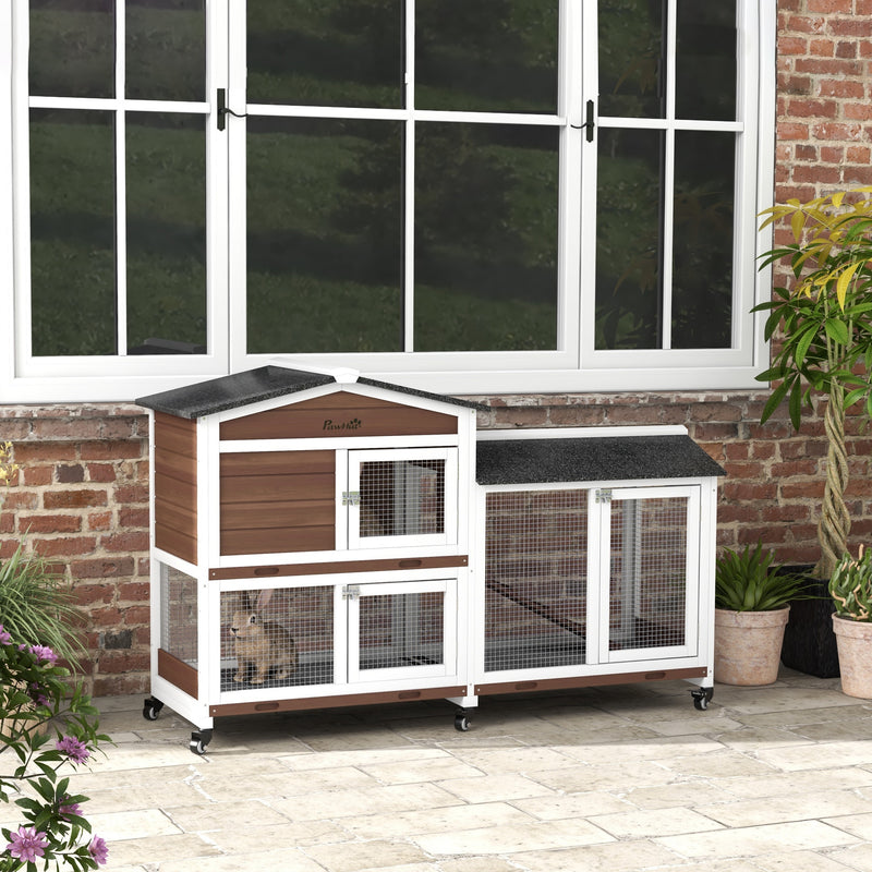 PawHut Wooden Rabbit Hutch Guinea Pig Cage w/ Wheels, Run, Ramp