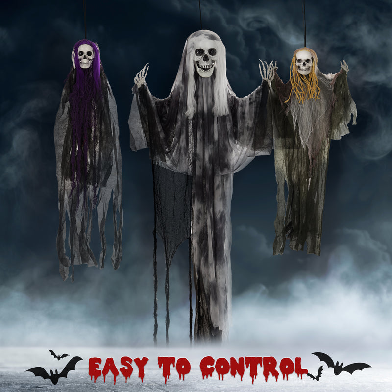 HOMCOM Set of 3 Hanging Skeleton, Flying Ghost Halloween Decorations