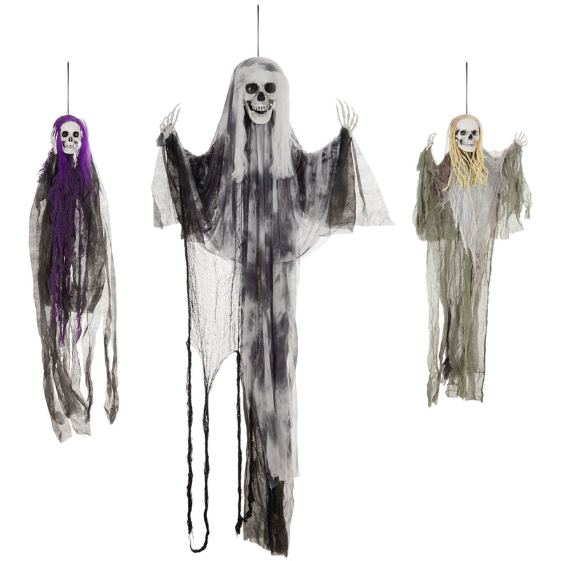 HOMCOM Set of 3 Hanging Skeleton, Flying Ghost Halloween Decorations