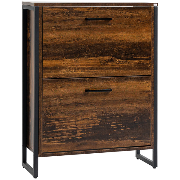 HOMCOM 2 Flip Door Shoe Cabinet With Divider For Entryway Rustic Brown