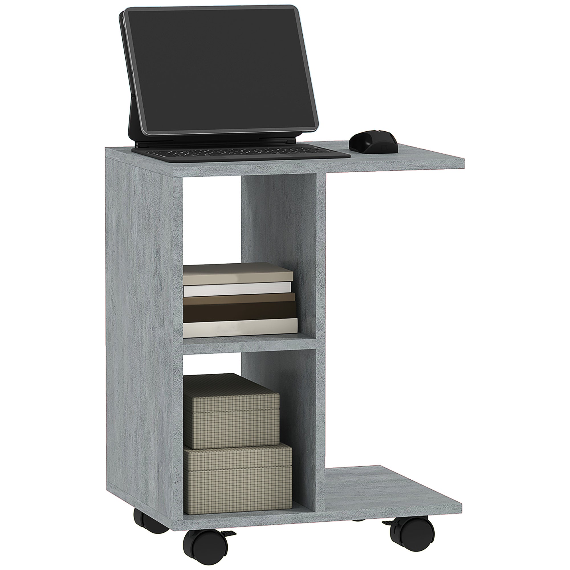 HOMCOM C-Shape End Table Storage Unit W/ 2 Shelves 4 Wheels Home