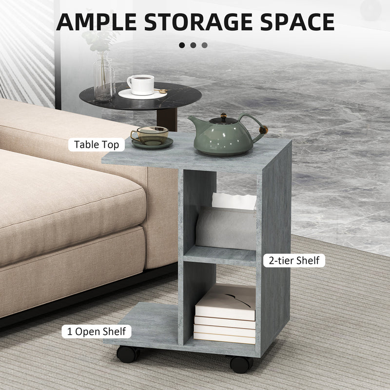 HOMCOM C-Shape End Table Storage Unit w/ 2 Shelves 4 Wheels Home