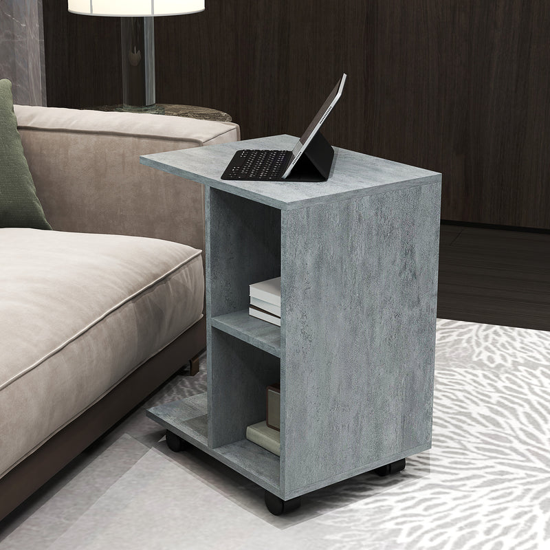 HOMCOM C-Shape End Table Storage Unit w/ 2 Shelves 4 Wheels Home