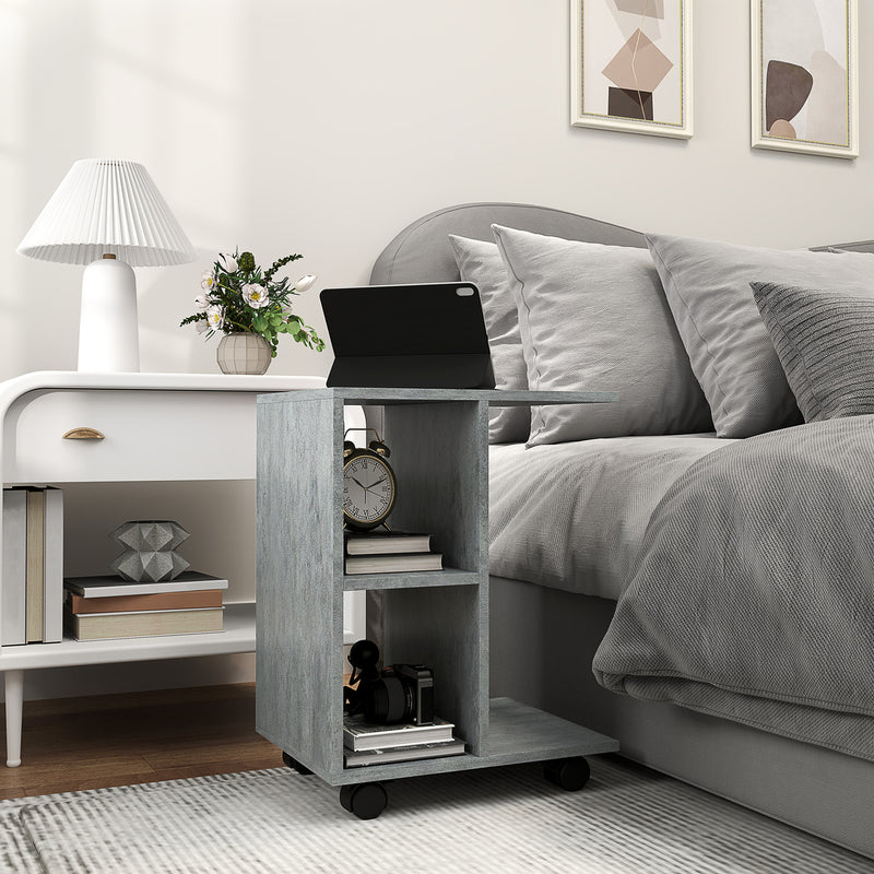HOMCOM C-Shape End Table Storage Unit w/ 2 Shelves 4 Wheels Home