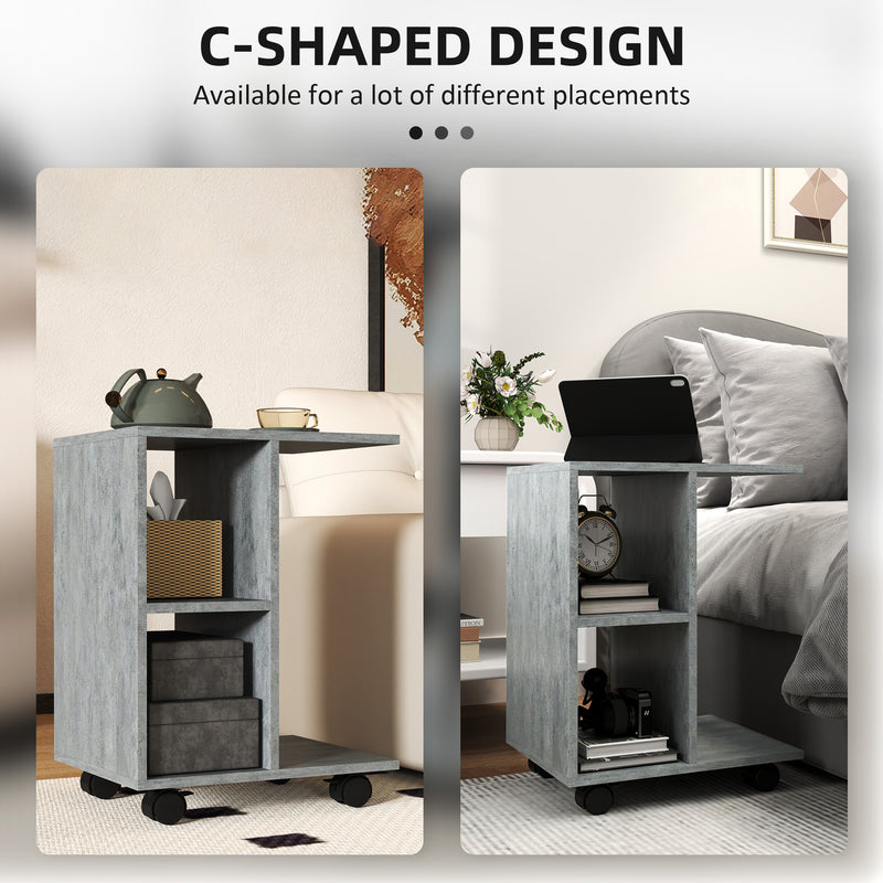 HOMCOM C-Shape End Table Storage Unit w/ 2 Shelves 4 Wheels Home
