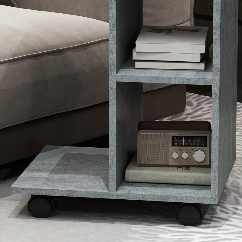 HOMCOM C-Shape End Table Storage Unit w/ 2 Shelves 4 Wheels Home
