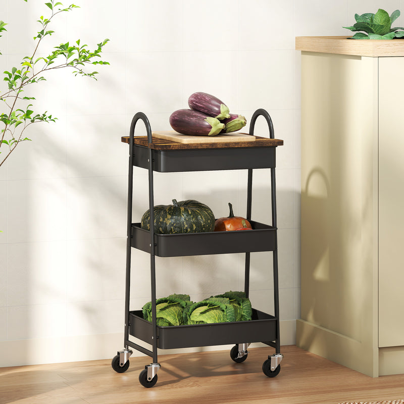 HOMCOM Rolling Utility Cart with Mesh Baskets for Kitchen Rustic Brown Black