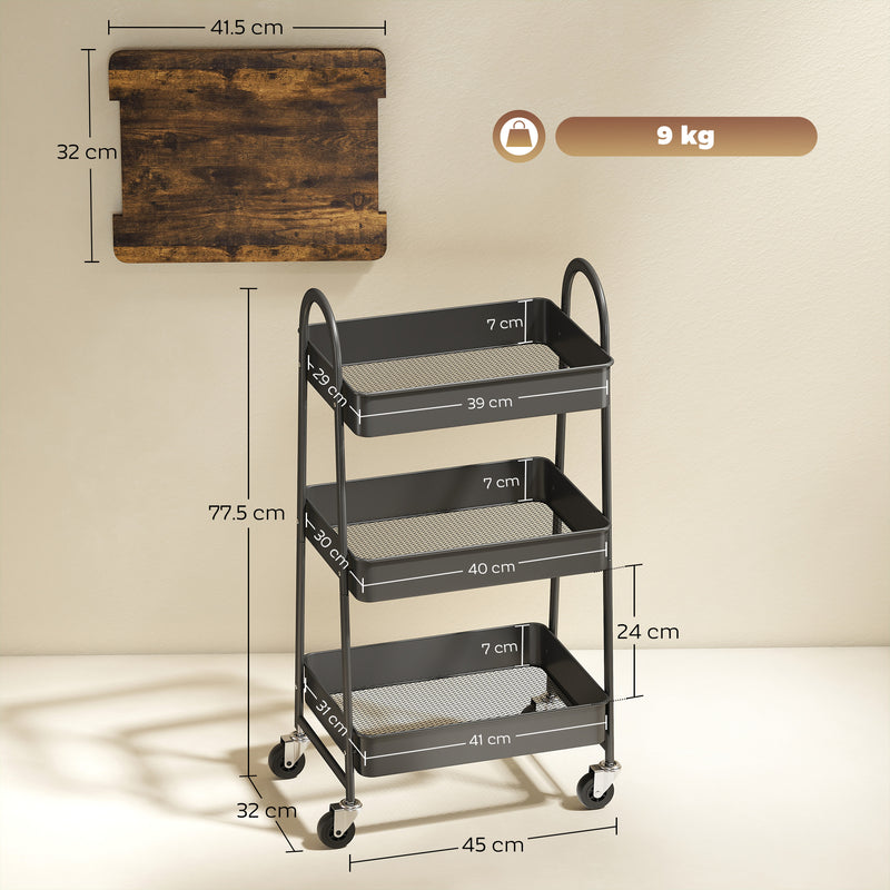 HOMCOM Rolling Utility Cart with Mesh Baskets for Kitchen Rustic Brown Black