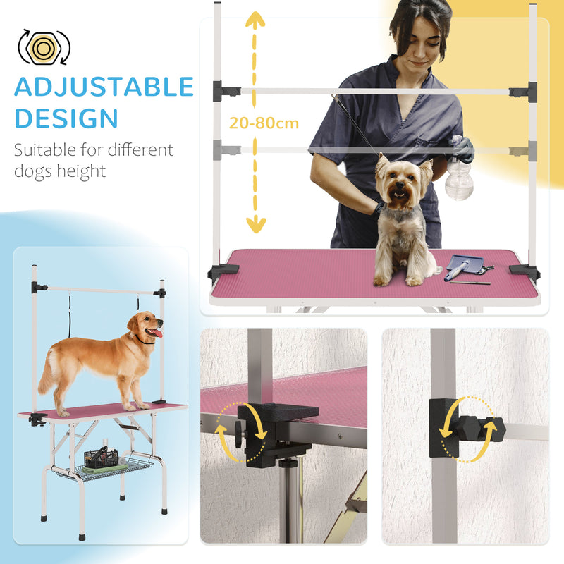 PawHut Metal Adjustable Dog Grooming Table Rubber Top 2 Safety Slings Mesh
