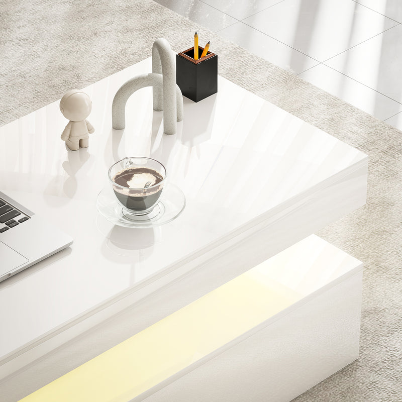HOMCOM LED Coffee Table with Storage, High Gloss Living Room Table, White