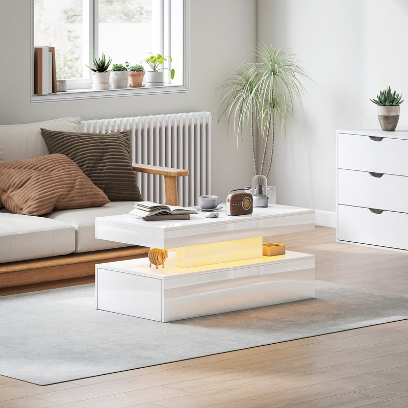 HOMCOM LED Coffee Table with Storage, High Gloss Living Room Table, White