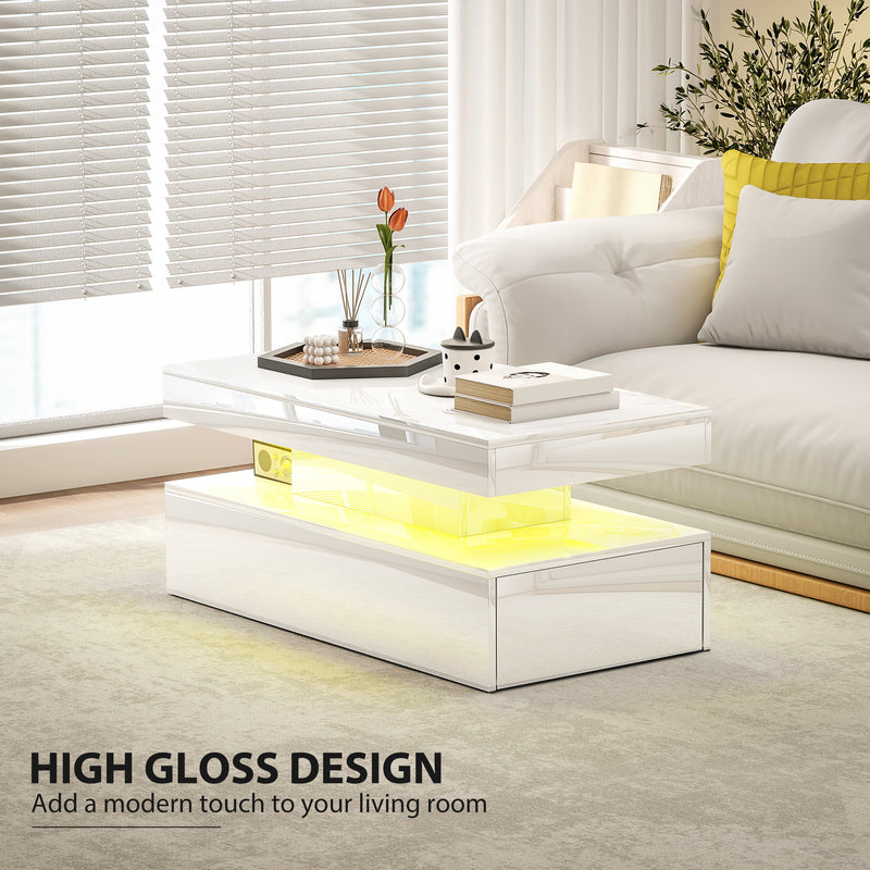 HOMCOM LED Coffee Table with Storage, High Gloss Living Room Table, White