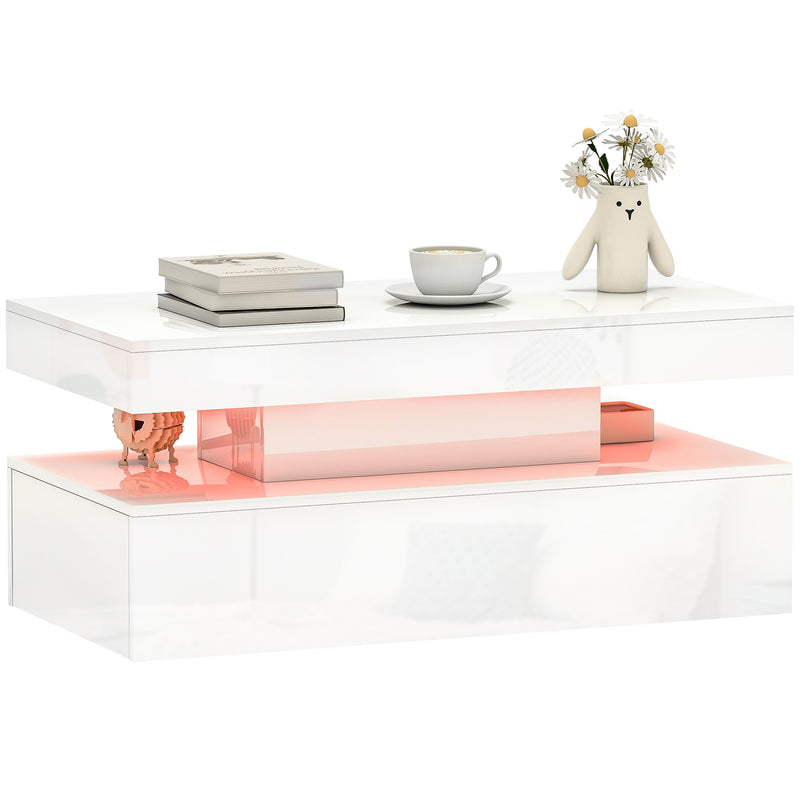 HOMCOM LED Coffee Table with Storage, High Gloss Living Room Table, White
