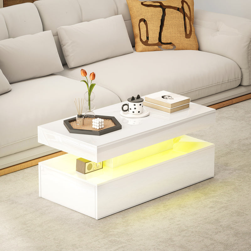 HOMCOM LED Coffee Table with Storage, High Gloss Living Room Table, White