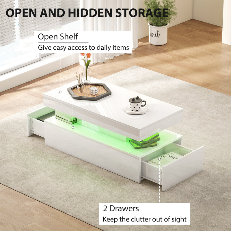 HOMCOM LED Coffee Table with Storage, High Gloss Living Room Table, White