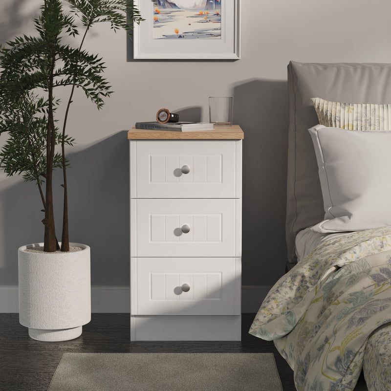 Lynton Ready Assembled 3 Drawer Bedside Cabinet in Porcelain Ash & Bardolino Oak