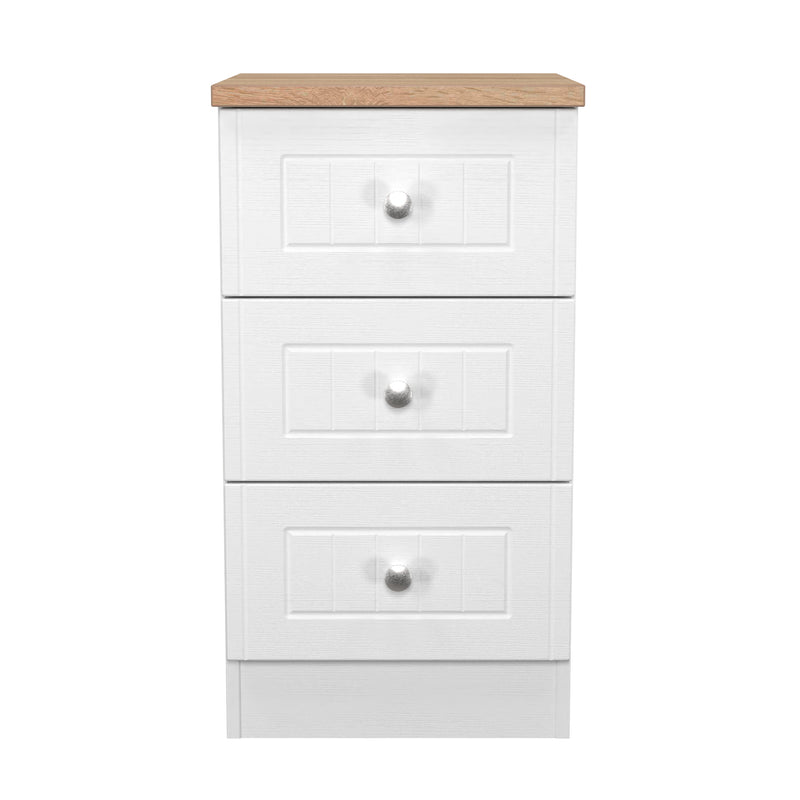 Lynton Ready Assembled 3 Drawer Bedside Cabinet in Porcelain Ash & Bardolino Oak