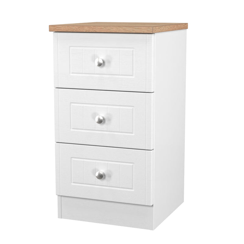 Lynton Ready Assembled 3 Drawer Bedside Cabinet in Porcelain Ash & Bardolino Oak