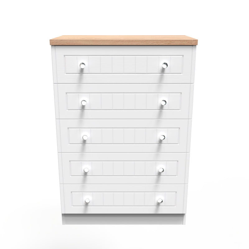 Lynton Ready Assembled 5 Drawer Chest in Porcelain Ash & Bardolino Oak