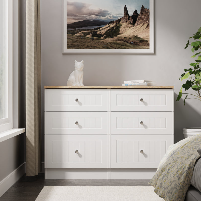 Lynton Ready Assembled 6 Drawer Wide Chest in Porcelain Ash & Bardolino Oak