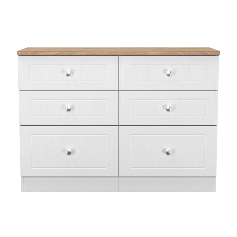 Lynton Ready Assembled 6 Drawer Wide Chest in Porcelain Ash & Bardolino Oak
