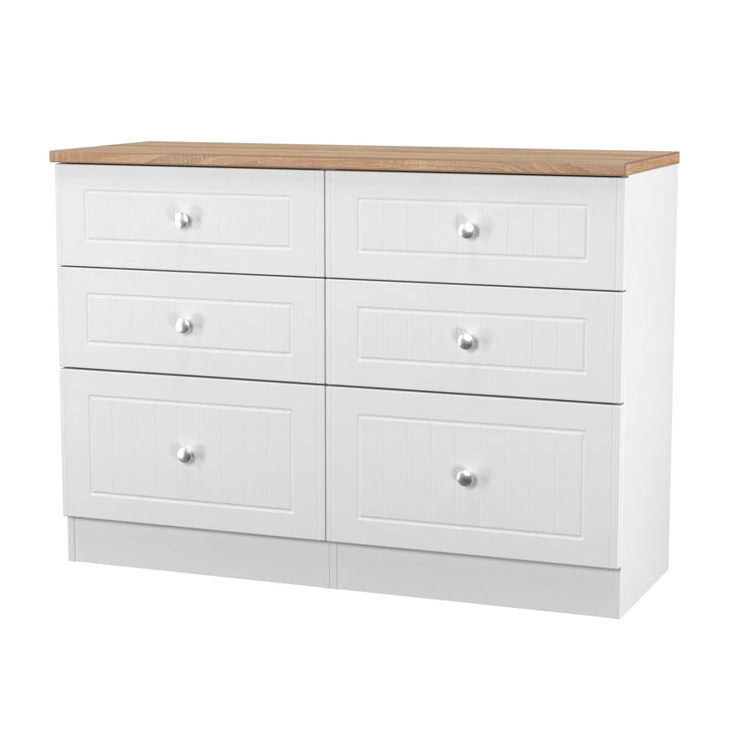 Lynton Ready Assembled 6 Drawer Wide Chest in Porcelain Ash & Bardolino Oak
