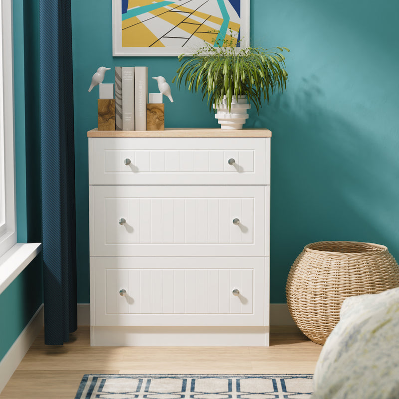 Lynton Ready Assembled 3 Drawer Deep Chest In Porcelain Ash & Bardolino Oak