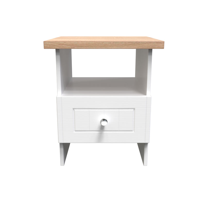 Lynton Ready Assembled Bottom Drawer Lamp Table in Porcelain Ash & Bardolino Oak