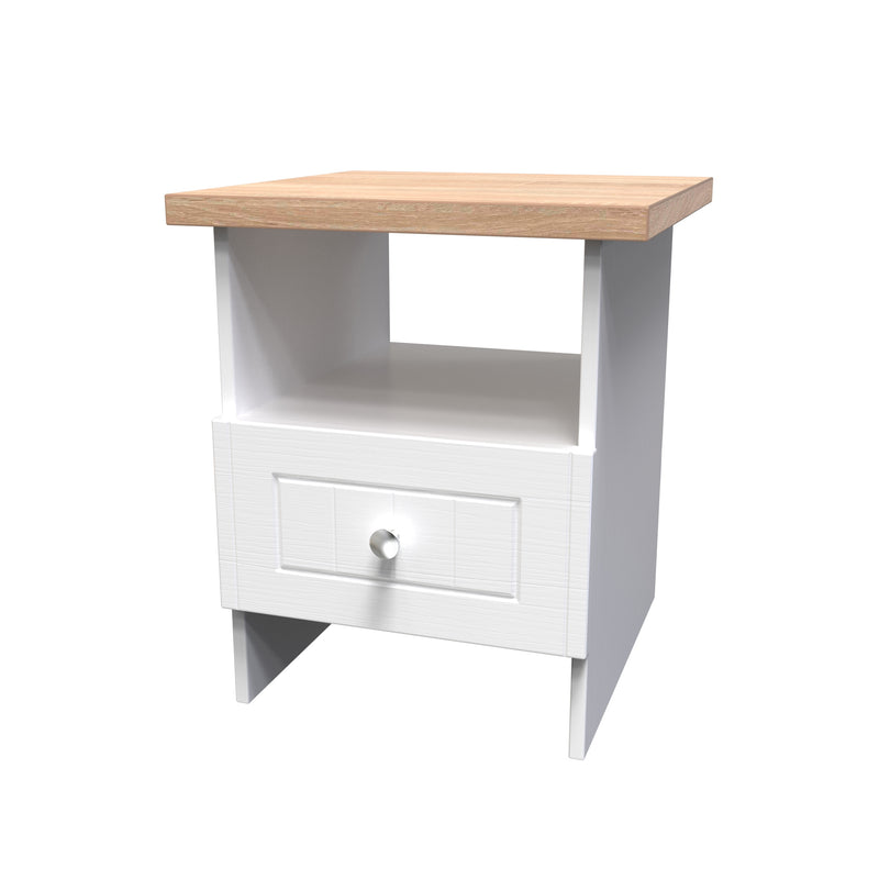 Lynton Ready Assembled Bottom Drawer Lamp Table in Porcelain Ash & Bardolino Oak