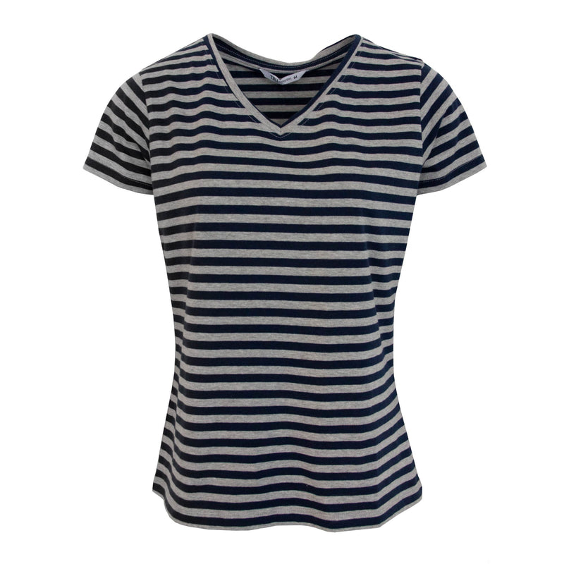 Striped V-Neck Cotton T Shirt - Grey & Navy