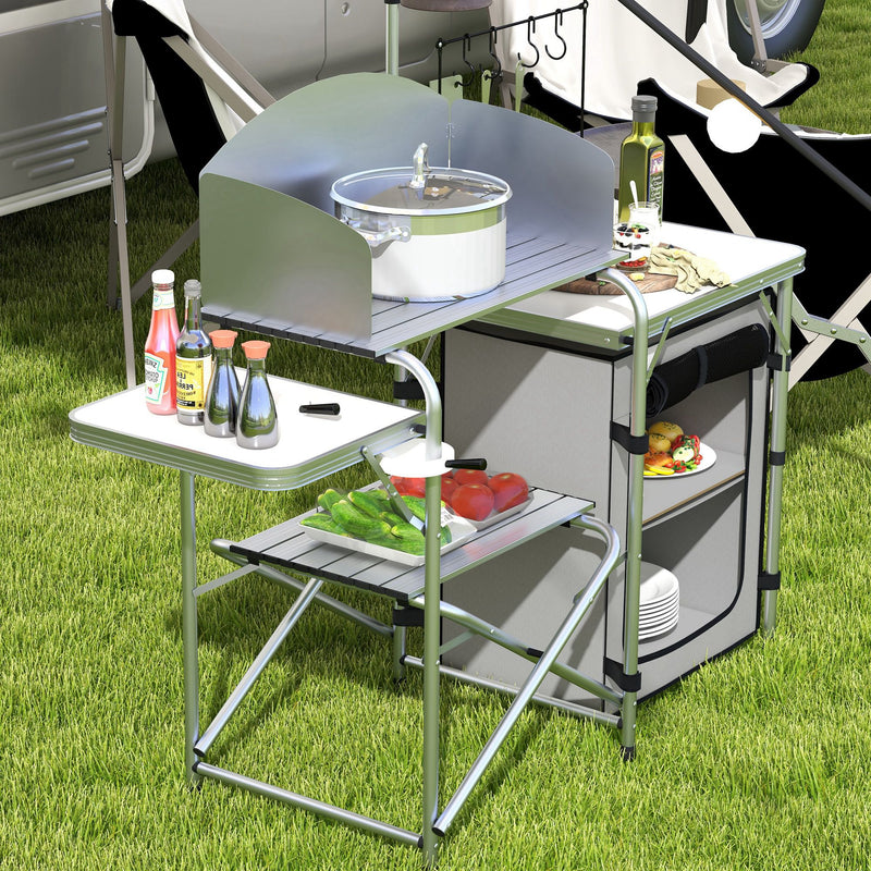 Outsunny Camping Kitchen with Cupboard Folding Camping Table with Carrying Bag