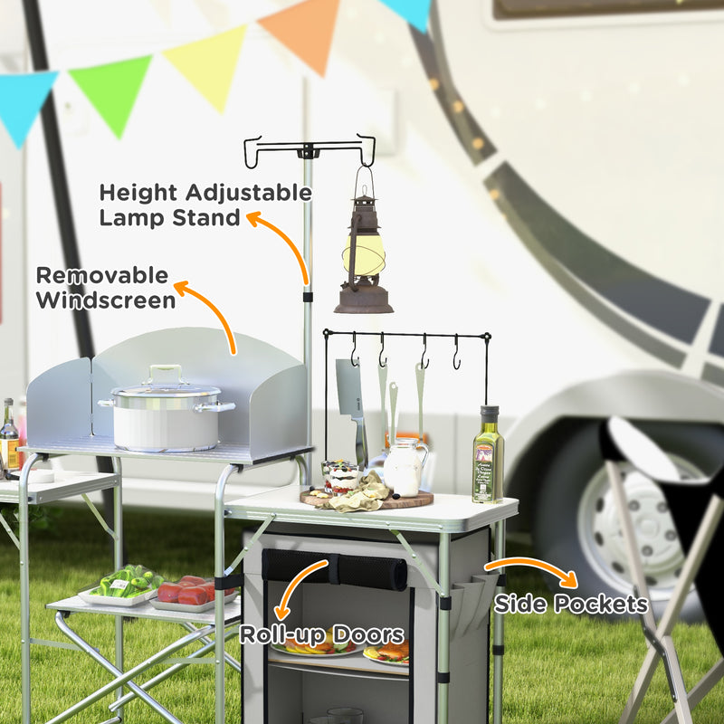 Outsunny Camping Kitchen with Cupboard Folding Camping Table with Carrying Bag