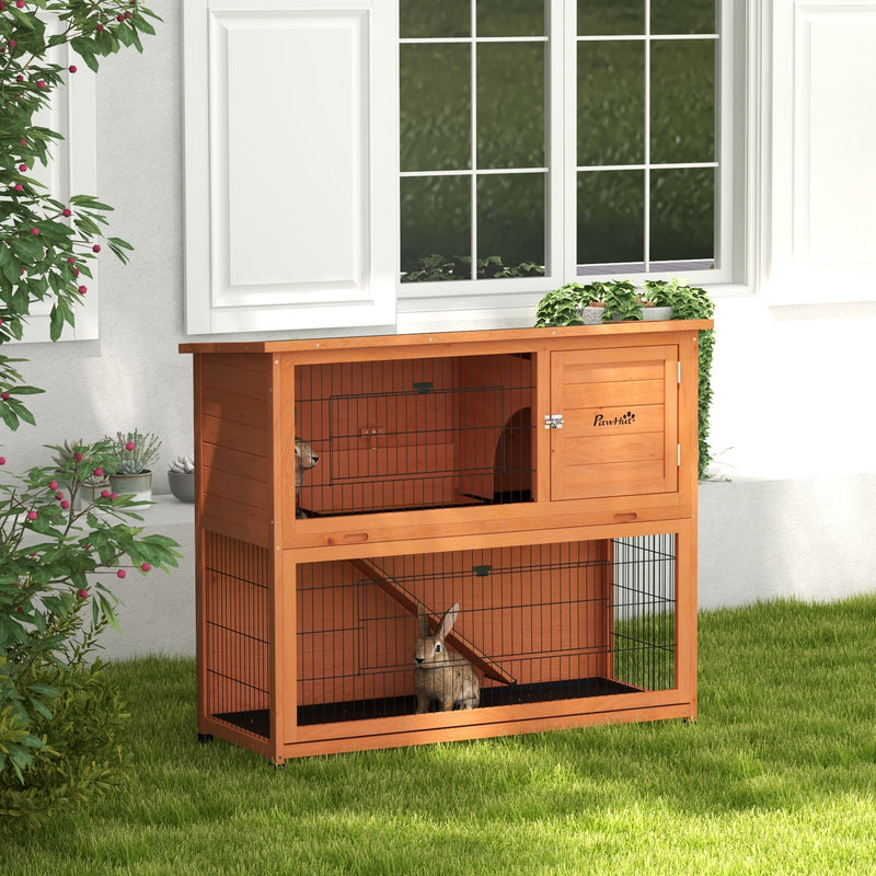 PawHut Wooden Rabbit Hutch, Antiseptic Outdoor, for 1-2 Rabbits - Orange