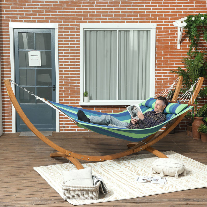 Outsunny Hammock with Stand, Triple-Head Wood Hammock with Cotton Bed, Blue