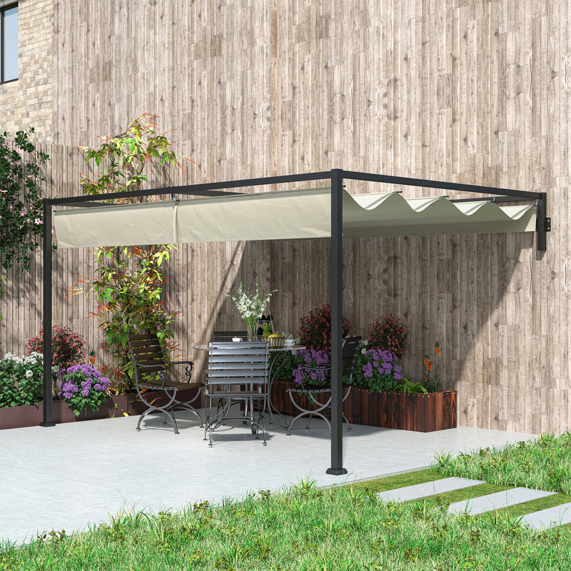 Outsunny 3 x 4m Wall Mounted Pergola with Retractable Roof, Khaki