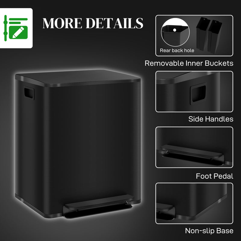 HOMCOM 2 X 25L Double Kitchen Bin, Pedal Bin With Soft-Close Lid