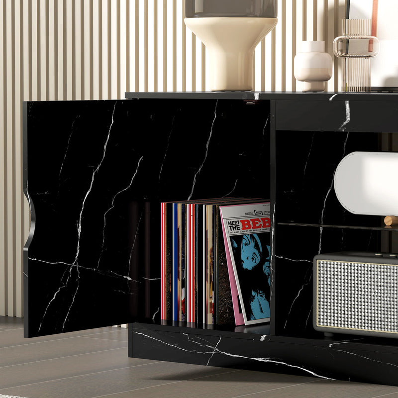 HOMCOM Marble Effect TV Stand Cabinet with Glass Shelf for 55 Inch TVs