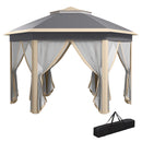 Outsunny 3x4m Hexagon Gazebo w/ Mesh Curtains Outdoor Garden, Khaki
