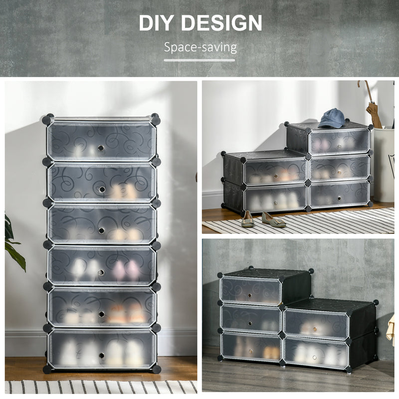HOMCOM 6 Tier Shoe Rack Plastic Storage Cabinet Modular Shoe Tower Black