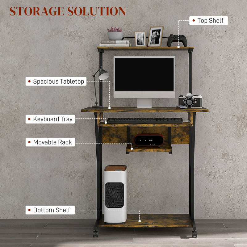 HOMCOM Rolling Computer Desk with Keyboard Tray Storage Shelves Rustic Brown