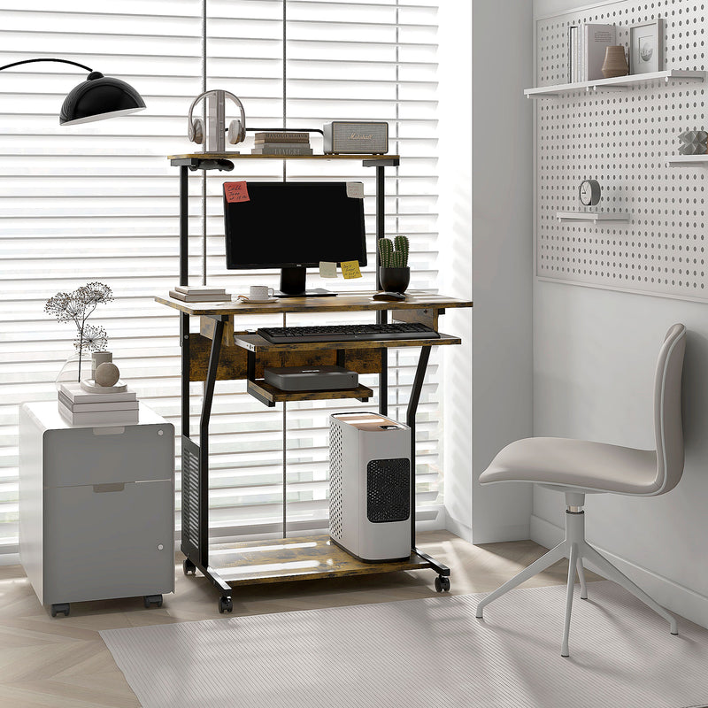 HOMCOM Rolling Computer Desk with Keyboard Tray Storage Shelves Rustic Brown