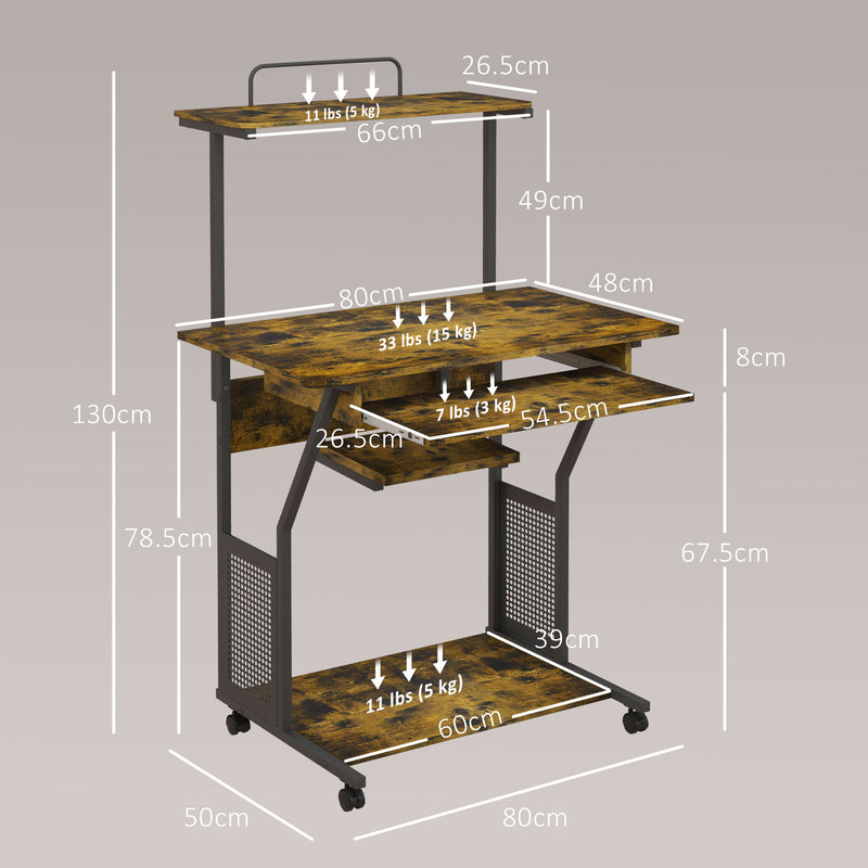 HOMCOM Rolling Computer Desk with Keyboard Tray Storage Shelves Rustic Brown