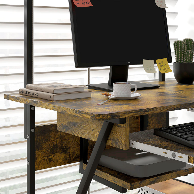 HOMCOM Rolling Computer Desk with Keyboard Tray Storage Shelves Rustic Brown