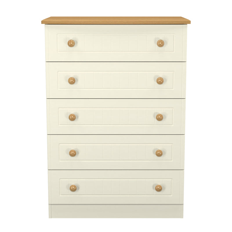 Byland Ready Assembled 5 Drawer Chest in Cream Ash & Modern Oak