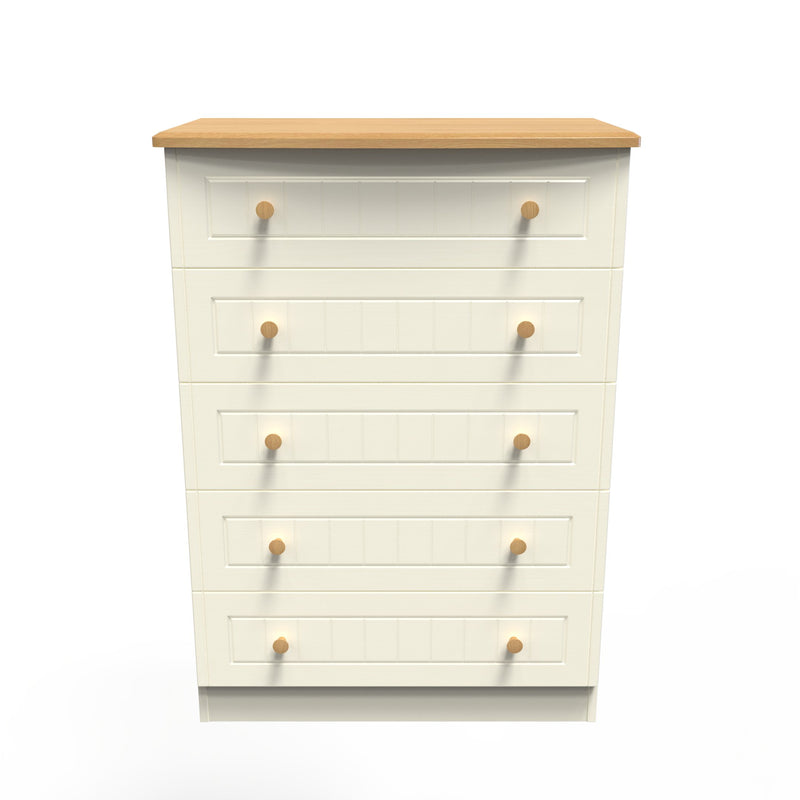 Byland Ready Assembled 5 Drawer Chest in Cream Ash & Modern Oak