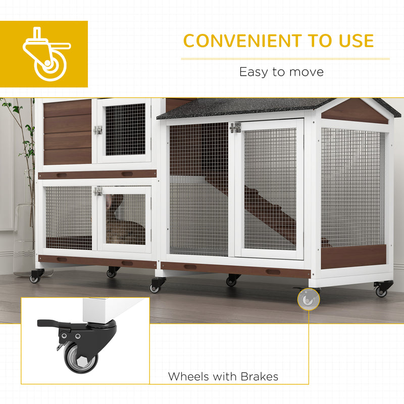 PawHut Wooden Rabbit Hutch Guinea Pig Cage w/ Wheels, Run, Ramp