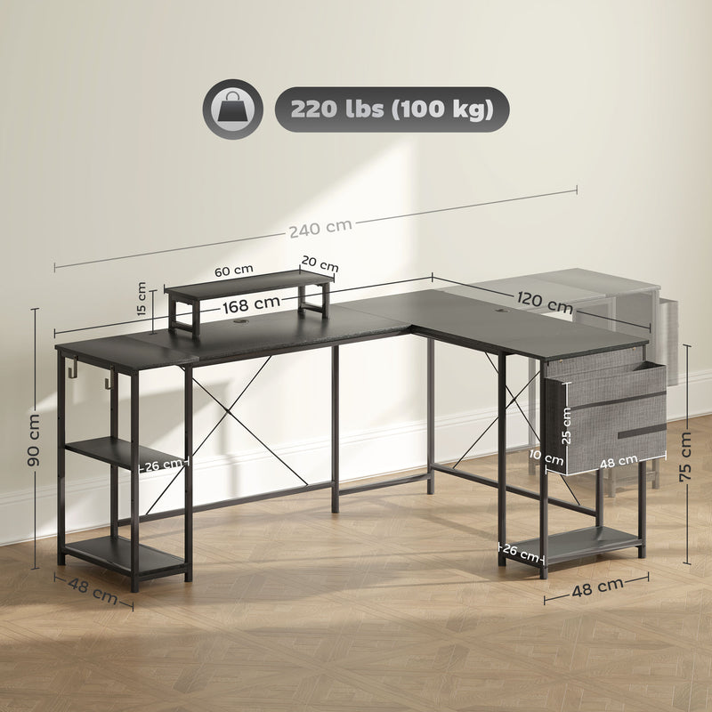 HOMCOM 168cm Reversible L Shaped Desk, 240cm Two Person Desk