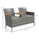 Outsunny Rattan Garden Bench w/ Wood Top Table, Wicker Chair w/ Cushions, Grey