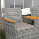 Outsunny Rattan Garden Bench w/ Wood Top Table, Wicker Chair w/ Cushions, Grey